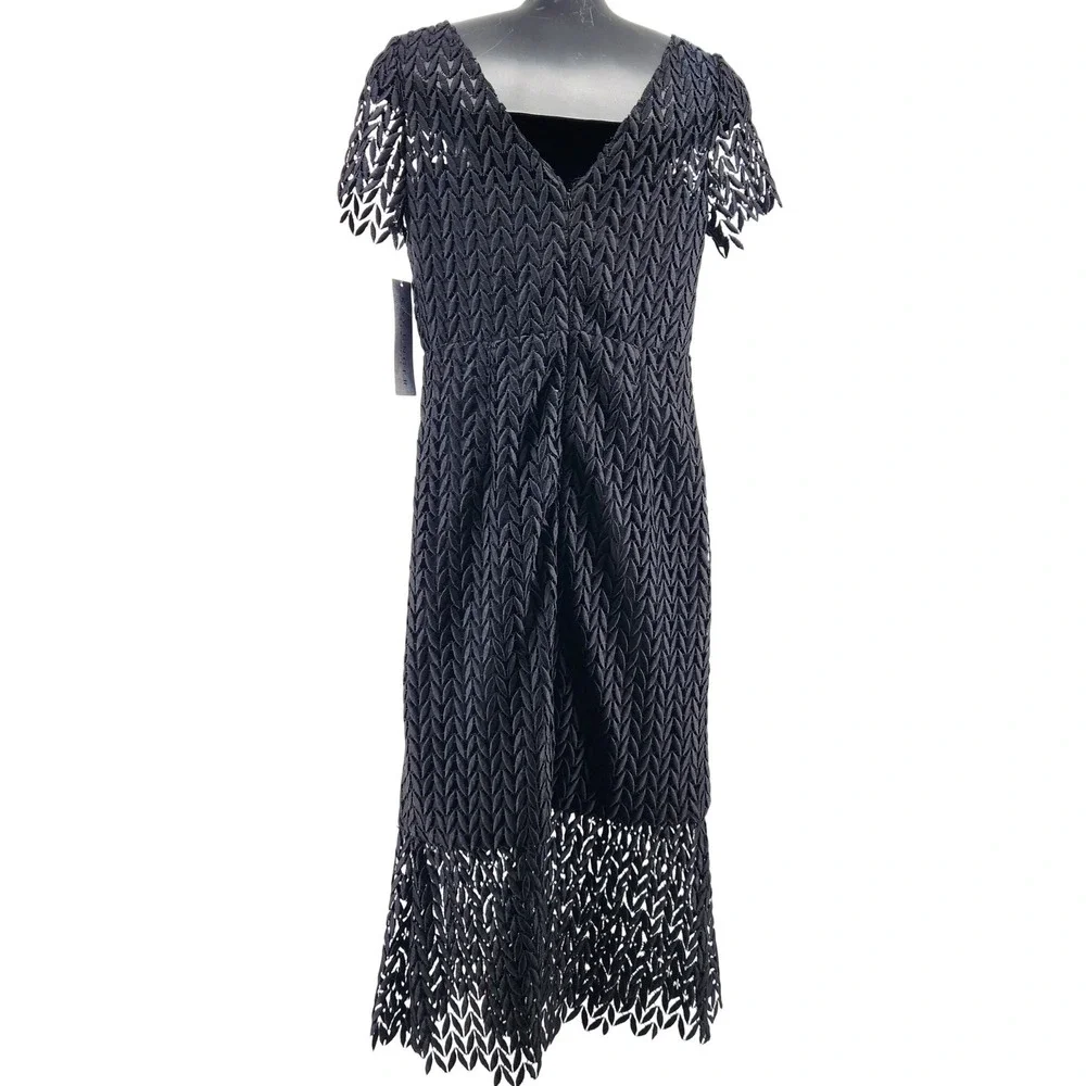Kay Unger New York Black Textured‎ Leaf Lace Midi Dress K111442 Womens 6 NEW - Picture 2 of 9